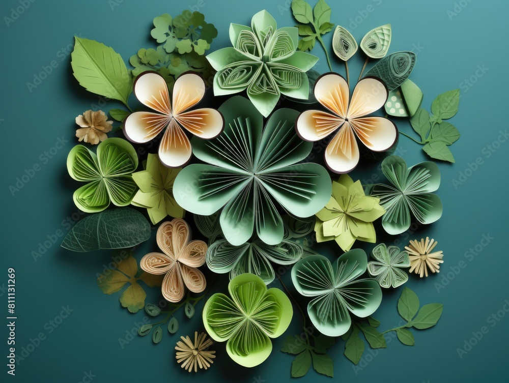 Poster multiple paper flowers arranged neatly on a vibrant green surface, creating a colorful display.