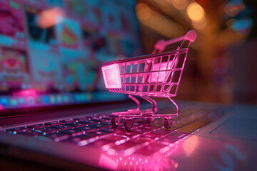 Laptop computer and purple shopping cart, ecommerce concept