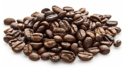 Fototapeta premium Isolated studio-lit top view of a mound of roasted coffee beans, meticulously arranged to showcase their rich color and texture