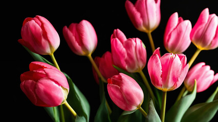 Naklejka premium Tulips on a black background, studio light 16:9 with copyspace