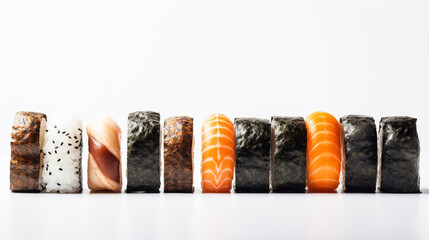 Various sushi in a row, white background. Asian cuisine assortment, menu. AI generated.