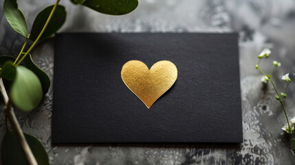 A white card with gold heart shape  sits on a marble countertop
