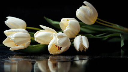 Tulips on a black background, studio light 16:9 with copyspace