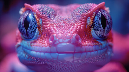 Fototapeta premium A lizard with a pink face and blue eyes. The lizard is looking at the camera. The colors of the lizard are bright and vibrant