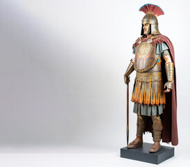 Obraz premium Ancient Thracian warrior in armor with weapons. White background, isolate. AI generated.