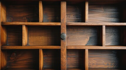 Intimate view of empty drawer divided by wooden separators, emphasizing organizational design, in a portrait-like manner