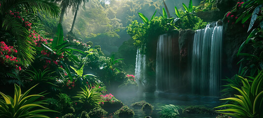 Panoramic view of a tropical paradise with waterfall and lush foliage.