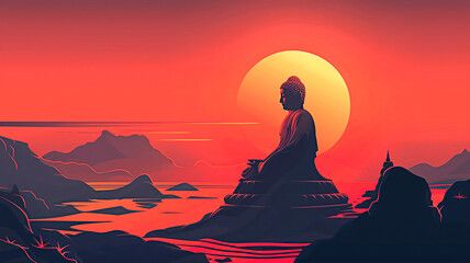 A Buddha statue silhouette against a vibrant red sunset. Minimalist illustration.