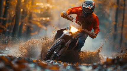 A man is riding a dirt bike through a muddy trail. The water splashes up around him, and the dirt...