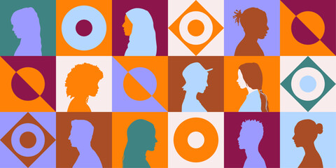 Abstract profile silhouette of multicultural people group. Inclusion, communication, interaction, psychology or education concept.