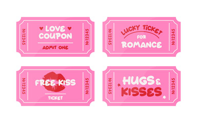Set of pink tickets. Love coupons.