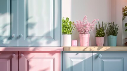 Detailed shot of pastel-colored vintage cabinet doors in a modern kitchen, emphasizing their craftsmanship, under perfect lighting