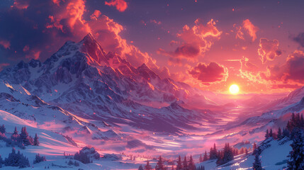 Sunset over Snowy Mountain Valley
