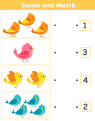 Fototapeta premium Counting educational children game. Math kids activity sheet. How many counting game with cute bird illustration. 