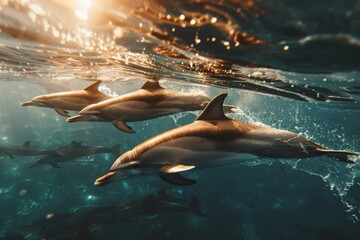 Pod of dolphins playing in crystal clear waters. Sunlit surface and deep ocean background