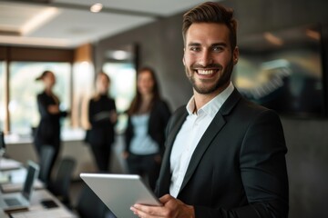 Fototapeta premium Professional young man with a tablet, smiling confidently in a modern office use in corporate success stories, motivational presentations, employee recognition materials, advertising campaigns,