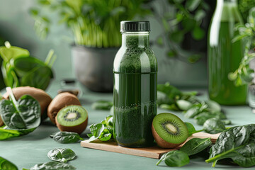 Bottled detox drink surrounded by green foods including spinach and kiwi
