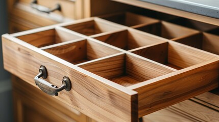 Detailed close-up of an empty drawer with wooden dividers, emphasizing organized space and clean lines, captured in 16:9