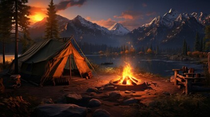 Immerse viewers in a serene wilderness camping scene at eye-level angle Show realistic tent details in the soft glow of a digital campfire using innovative lighting effects