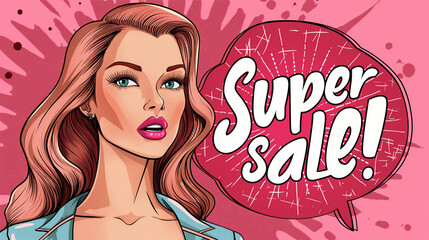 Woman with Special offer banner with comic lettering SUPER SALE! in the speech bubble comic style flat design.