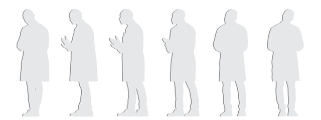 Vector  conceptual gray paper cut silhouette of a male doctor wearing a medical scrub from different perspectives isolated on white. A metaphor for health care, medicine,  diagnosis and treatment