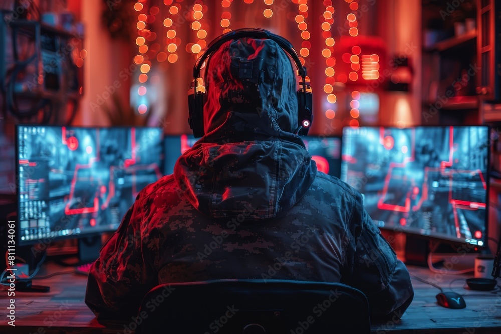 Poster a hooded figure works in front of multiple monitors displaying cybersecurity information, set agains