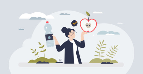 Healthy eating habits with fresh and organic ingredients tiny person concept. Drink water and eat meal full with vitamins, good fats or nutrition vector illustration. Organic choice for body wellness