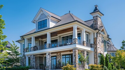 Fototapeta premium A multi-story house towering against the clear blue sky on a sunny day, capturing bright lighting and architectural details, ideal for showcasing