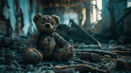 A battered teddy bear amidst the ruins of a house, carefully lit to emphasize its age and the devastation of its surroundings