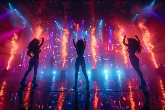 Silhouettes of three women dancing before an illuminated, futuristic backdrop that suggests a sci-fi themed concert or event