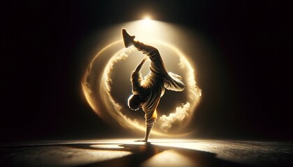 A boy is doing a handstand on a dark background