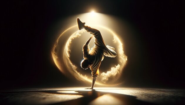 A boy is doing a handstand on a dark background