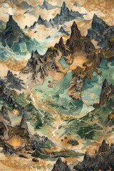 Watercolor fantasy map of a mountainous region with caves that shelter dragons, and peaks where griffins nest