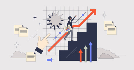 Performance management and work development tiny person neubrutalism concept. Career growth and effective professional mentoring vector illustration. Improvement for success and productivity.