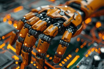 Fototapeta premium An orange robotic arm is shown in great detail, with a focus on the mechanical components and design