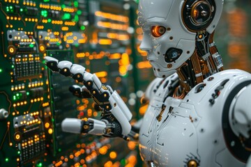 A highly detailed image of a humanoid robot's hand making a gesture against a backdrop of electronic circuit boards