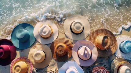 A stack of hats forming a circle pattern on the beach, resembling a fluid organism in an art installation. This unique recreation blends science and creativity in a liquidlike display AIG50