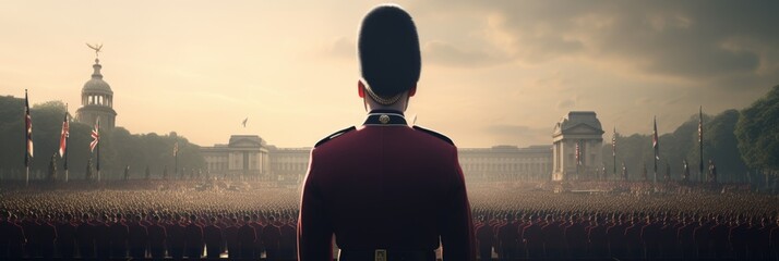 A man stands confidently in front of a large crowd gathered for a military parade.