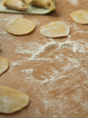 Preparing dumplings: A vertical close-up of circles of dough, spelt and whole wheat flour scattered across the table.