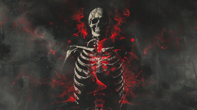 A devilcorethemed chest Xray of a healthy man, showing the lungs, heart, spine, clavicle, and diaphragm, highlighted with dark, eerie visual elements and infernal motifs