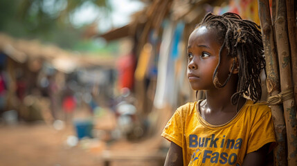 Young Girl in Burkina Faso T-Shirt Looking Thoughtfully, African Village Background