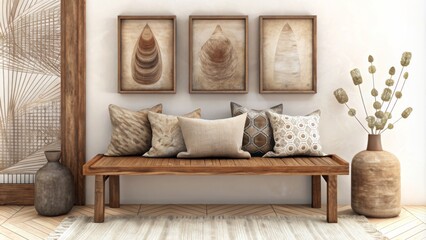 A wooden bench with rustic vases and pillows against the wall framed art prints on it, beige wall background.