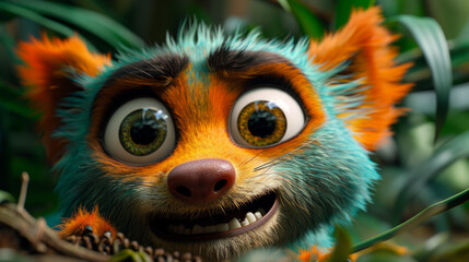 Vibrant Animated Lemur in a Lush Jungle: A Close-up View of Whimsical Wildlife