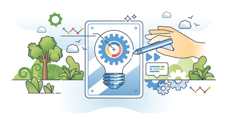 Innovation management and creative business development outline hands concept. Company invention and innovative technology planning vector illustration. Improvement automation with smart organization