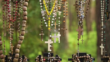 Prayer Rosaries Made of Wood Pearl Glass Hanged by Pilgrims at Christian Worship Place as Votive...