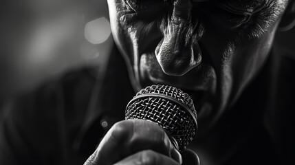 Intense close-up of a mature man singing passionately into a microphone, emotions visible on his face