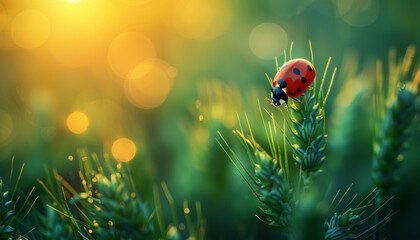 An ear of young green wheat and ladybug on a nature field in spring-summer, close-up of the macro with free space for text