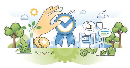 Work achievements and successful business job appraisal outline hands concept. Success badge for financial profit and victory vector illustration. Corporate competition and challenge trophy winner.