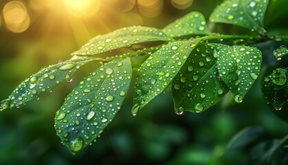 A macro shot of large beautiful drops of translucent rain on a green leaf. Droplets of water sparkle in the morning sun. Beautiful leaf texture in nature. Natural background, free space.