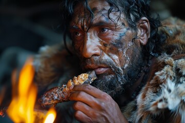 In an ancient tradition of cooking, a person roasts meat over an open flame, capturing a primal culinary practice